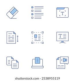 Ícones de texto definidos. Estilo Duotônico da linha, traçado editável. lista, seleção, texto, editor de texto, texto para fala, laptop, cópia, rascunho, espaçamento entre linhas.
