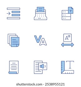Ícones de texto definidos. Estilo Duotônico de linha, traçado editável. fonte, texto, tamanho, rastreamento, máquina de escrever, recuo à direita, fala, texto para fala, planilha.