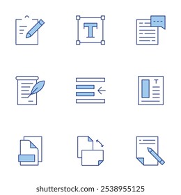 Ícones de texto definidos. Estilo Duotônico de linha, traço editável. bate- papo, copywriting, design gráfico, anúncio, área de transferência, arquivos, recuo à esquerda, orientação, texto.