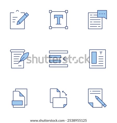 Text icons set. Line Duotone style, editable stroke. chat, copywriting, graphic design, announcement, clipboard, files, left indent, orientation, text.