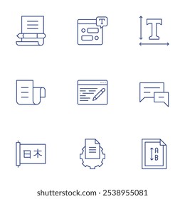 Conjunto de iconos de texto. Estilo de línea delgada, trazo editable. letra, papel, desplazamiento, texto, mensaje de texto, Vertical, cuadro de chat, redacción, archivo.
