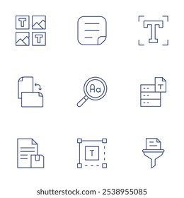 Ícones de texto definidos. Estilo de Linha Fina, traçado editável. fonte, texto, layout, orientação, salvar, arquivo, filtro, caixa de texto.