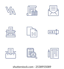 Text icons set. Thin Line style, editable stroke. calendar, copy, enlargement, mail, rename, sheet, tracking, typewriter.