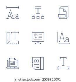 Conjunto de iconos de texto. Estilo de línea delgada, trazo editable. fuente, editor de texto, tamaño, archivos, texto, instrucción.