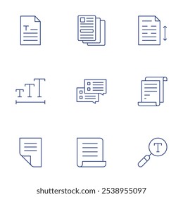 Text icons set. Thin Line style, editable stroke. article, conversation, document, line spacing, paper, search, text, text size, white paper.