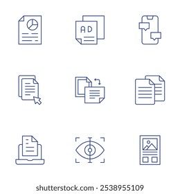 Conjunto de iconos de texto. Estilo de línea delgada, trazo editable. análisis, Hacer clic, documento, folleto, Orientación, escaneo, chat, copia, ensayo.
