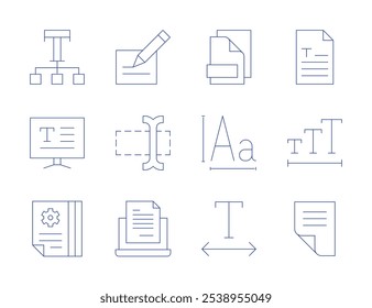 Text icons. Thin Line style, editable stroke. font, text editor, files, text, text size, white paper, cursor, file, instruction, writing.