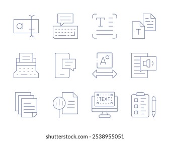 Text icons. Thin Line style, editable stroke. font, typewriter, editor, text to speech, wishlist, keyboard, message, report, sheet, text box.