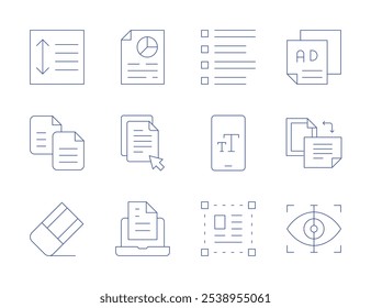 Iconos de texto. Estilo de línea delgada, trazo editable. entre, copiar, borrador, lista, teléfono, seleccionar, análisis, Hacer clic, documento, folleto, Orientación, escanear.