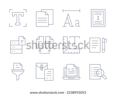 Text icons. Thin Line style, editable stroke. text, size, archive, compare, document, filter, line spacing, paper, search, font.