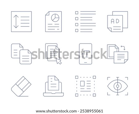 Text icons. Thin Line style, editable stroke. between, copy, draft, list, phone, select, analysis, click, document, leaflet, orientation, scan.