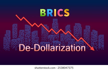Ilustración de texto "BRICS" con fondo abstracto de rascacielos.
