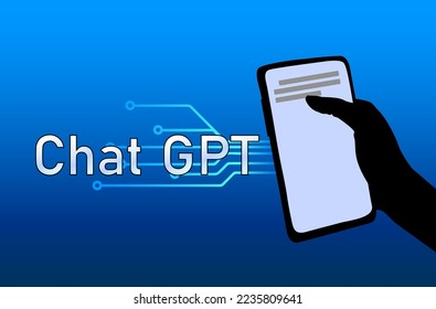Textgrafik CHAT GPT, menschliches, das Smartphone hält