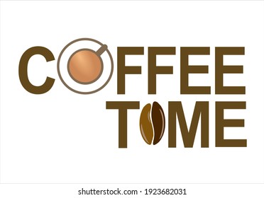 Text and illustration Coffee Time with cup of coffee and coffee seed on white background