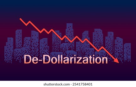 Ilustración de texto "De Dollarization" con fondo de rascacielos de la ciudad