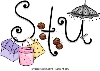 Text Illustration Featuring a Girly Alphabet with the Letters S, T, and U
