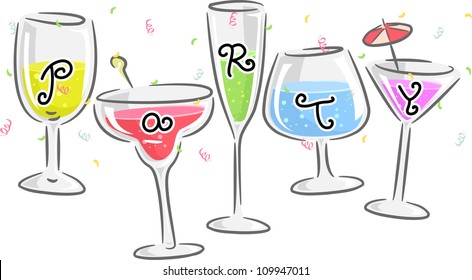 Text Illustration Featuring Glasses Printed with Letters that Spell the Word Party