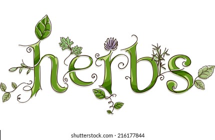 Text Illustration Featuring the Word Herbs Done in Ornate Lettering