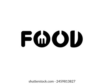 Ilustración de texto del uso de 'COMIDA' Cuchara, tenedor, forma de cuchillo en espacio negativo, plano, simple, memorable y llamativo, puede utilizar para logotipo, App, Sitio web, comida y bebida signo, o Diseño gráfico 