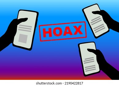 Text illustration HOAX, people with smartphone, hoax news about 2024 voting.