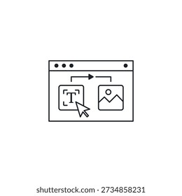 Text to image generation AI icon. Artificial intelligence art generator symbol where cursor transforms words into picture. Digital creative tool vector illustration.