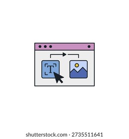 Text to image generation AI icon. Artificial intelligence art generator symbol where cursor transforms words into picture. Digital creative tool vector illustration.