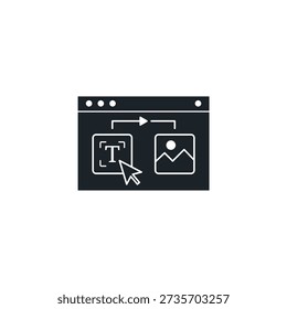 Text to image generation AI icon. Artificial intelligence art generator symbol where cursor transforms words into picture. Digital creative tool vector illustration.