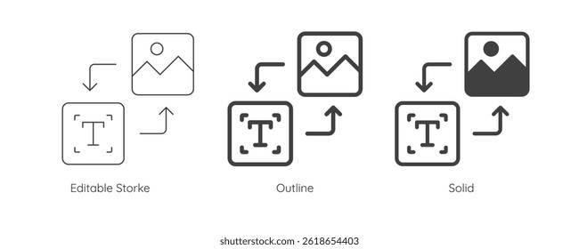 Text to image icon. Enter prompt to AI to generate image and artwork. Artificial intelligence technology concept. Icon element for app and web. Vector illustration. Editable stroke.