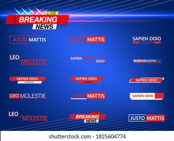 The text in the image is Lorem Ipsum. Callout marketing boxes lower third bars, TV broadcast tags. Futuristic set frame or communication. Banner breaking news, important news,Vector illustration