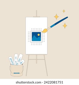 Text to image prompt engineering tools. Neuron network in visual art. Chip symbol as a painting on easel. Artificial intelligence helps to create painting. Working with AGI tools. Vector illustration.