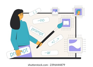 Text to image prompt engineering. Visual neuron network. Crafting precise instructions or queries that guide AI models to generate content. Artificial intelligence to create an image. Vector concept.