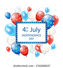 Text Independence day 4th of July with banner, balloons and confetti on white background. Independence day Theme. Illustration can be used for holiday design, cards, posters, banners.
