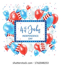 Texto Día de la Independencia 4 de julio con pancartas, globos y cohetes con fondo blanco. Tema del Día de la Independencia. La ilustración se puede utilizar para el diseño de vacaciones, tarjetas, carteles, pancartas.