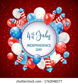 Text Independence day 4th of July with round banner, balloons and rocket fireworks on red background. Independence day Theme. Illustration can be used for holiday design, cards, posters, banners.