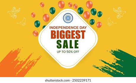 Text INDEPENDENCE DAY BIGGEST SALE UP TO 50% OFF Indian flag in the center Orange white green balloons floating upwards
White doves flying on either side Orange green paint splatters Yellow background