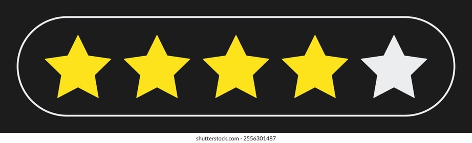 The text indicates a 4 out of 5 rating, with five stars in a row, filled in bright yellow, and one star in white, isolated on a black background.