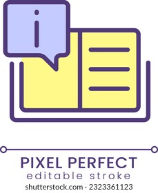 Icono de color RGB perfecto para píxel de información de texto. Instrucciones para los usuarios. Catálogo de respuestas comunes. Ilustración vectorial aislada. Dibujo de línea simple relleno. Trazo editable. Fuente de Poppins utilizada