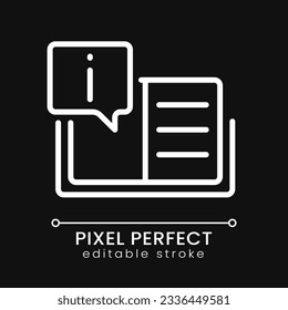 Text information pixel perfect white linear icon for dark theme. Instruction for users. Common answers. Thin line illustration. Isolated symbol for night mode. Editable stroke. Poppins font used