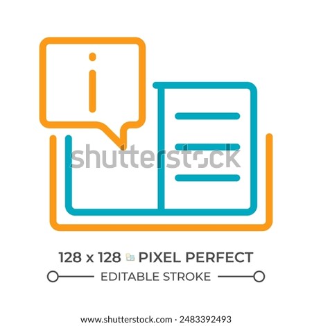 Text information two color line icon. Info source. Educational materials. Open book and chat bubble bicolor outline symbol. Duotone linear pictogram. Isolated illustration. Editable stroke