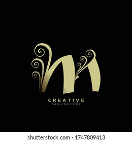Text Initial M Letter Gold Monogram Leaf Shape Ornament Logo