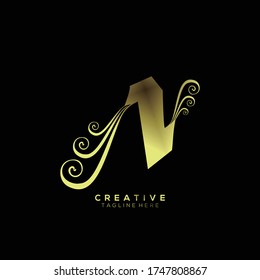 Text Initial N Letter Gold Monogram Leaf Shape Ornament Logo