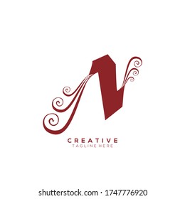 Text Initial N Letter Red Monogram Leaf Shape Ornament Logo