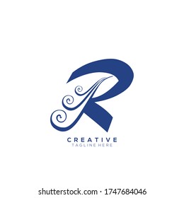 Texto Letra inicial R Azul Monograma Forma de hoja Ornamento Logotipo