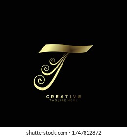 Text Initial T Letter Gold Monogram Leaf Shape Ornament Logo