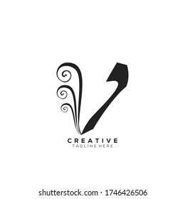 Text Initial V Letter Black Monogram Leaf Shape Ornament Logo