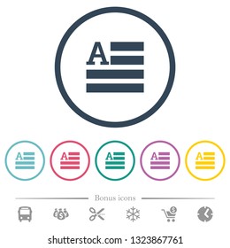 Text initials flat color icons in round outlines. 6 bonus icons included.