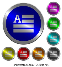 Text initials icons on round luminous coin-like color steel buttons
