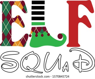 Text Inscription: Elf Squad. Elf Shoes, Green, Red, Striped.