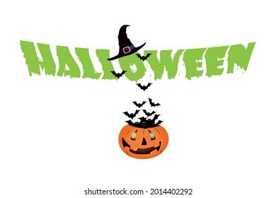 Text with the inscription Halloween by hand with a pumpkin and a witch's hat, bats. Good for greeting card, Halloween party invitation, banner, greeting card, poster template. Vector illustration.