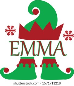 Text inscription with the name Emma. Elf hat, snowflakes, elf shoes.